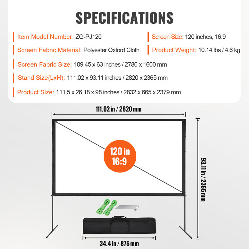 Projector Screen with Stand, 120 inch 16:9 4K 1080 HD Outdoor Movie Screen with Stand, Wrinkle-Free Projection Screen with Bar Feet and Carry Bag, Designed for Home Theater Cinema Backyard Movie Night