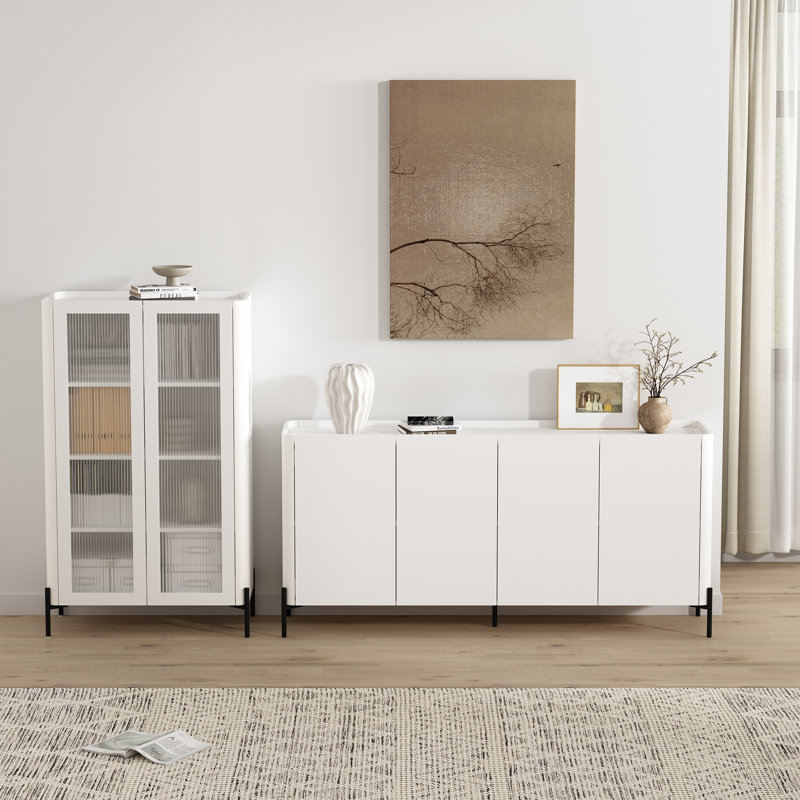 Abbey 2-Piece Modern 67" Sideboard and Décor Ribbed Tempered Glass Cabinet with Adjustable Shelves in White, White