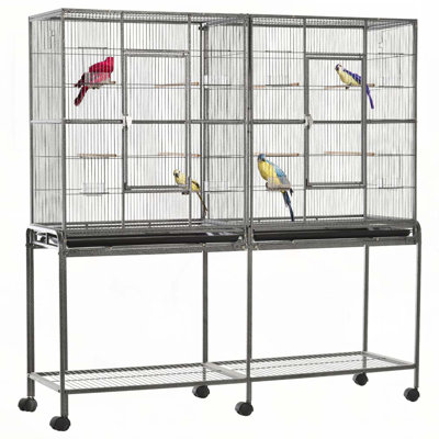 PawHut 65" Double Rolling Metal Bird Cage Feeder with Detachable Rolling Stand, Storage Shelf, Wood Perch & Food Container