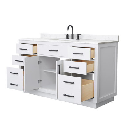 Beckett 60 Inch Single Bathroom Vanity with Toe Kick in White, Carrara Cultured Marble Countertop, Undermount Square Sink (3-Hole), Matte Black Trim
