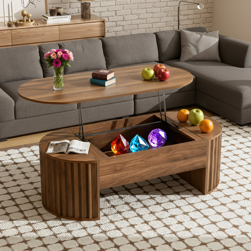 Table basse ovale moderne réglable en hauteur de 47,5 pouces avec compartiments de rangement cachés, système de tampon hydraulique, partiellement assemblée, convient aux salons familiaux, brun