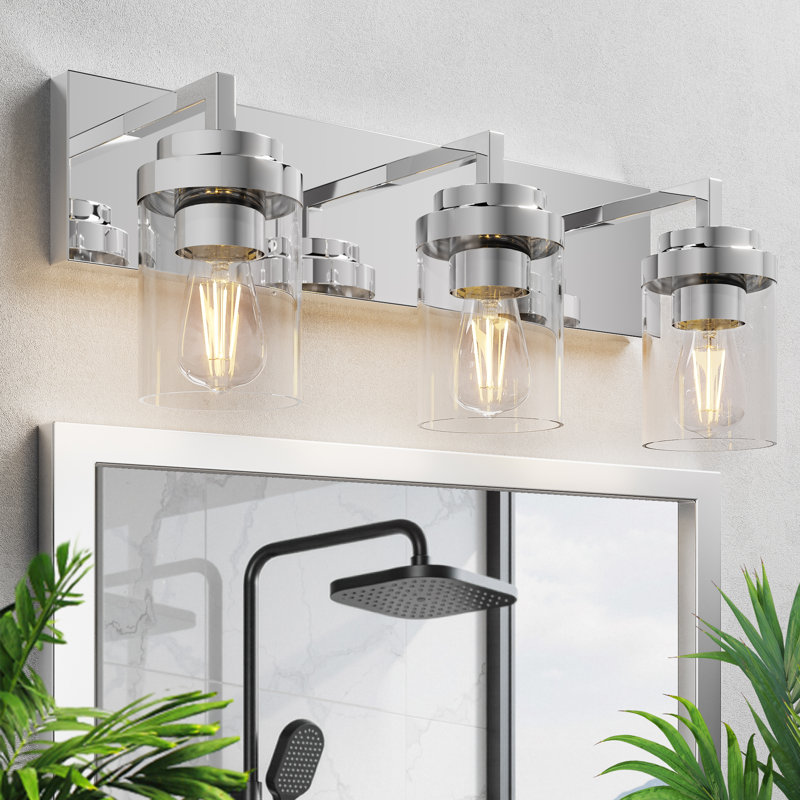 Éclairage pour meuble-lavabo de salle de bain avec abat-jour en verre, Transparent, Chrome poli, 3