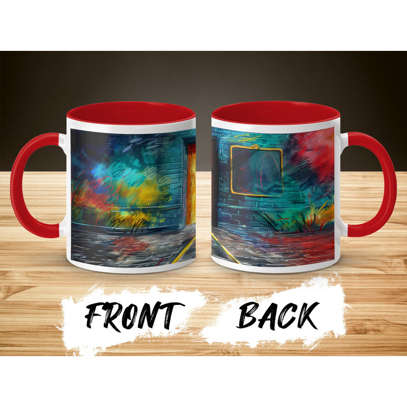 Kids Drawing Style 11oz Accent Mugs – Ceramic Coffee Cup with a Red Handle and Interior
