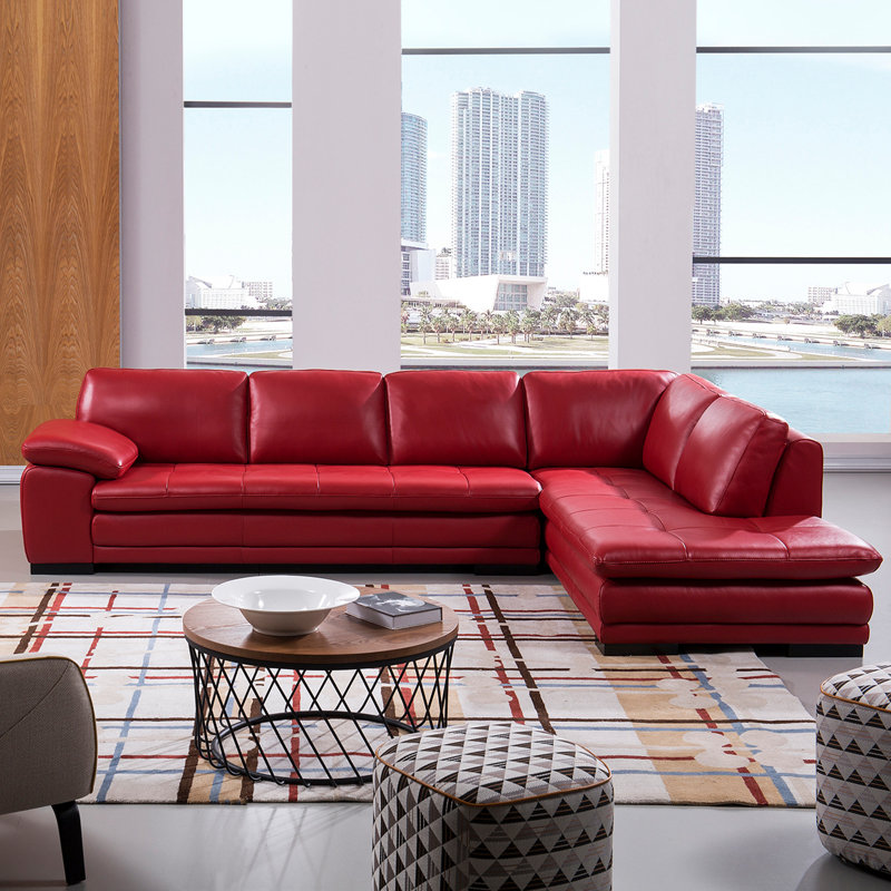 126" Wide Leather Match Sofa & Chaise, Right Hand Facing, Ruby Leather