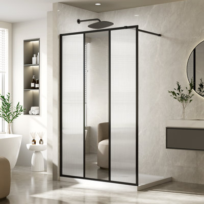 46" W x 72" H Shower Door, 3-Panel Design with Center Mirror & Fluted Pattern, 1/5 inch (5mm) Tempered Glass with Explosion-proof Film, Fixed Walk-in Shower Screen Panel Matte Black Frame