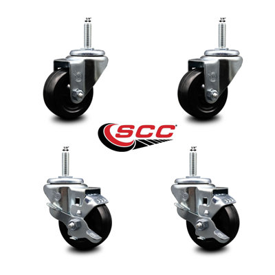 3 Inch_Soft Rubber Wheel Swivel 5/8 Inch Threaded Stem Caster Set 2 Brakes SCC