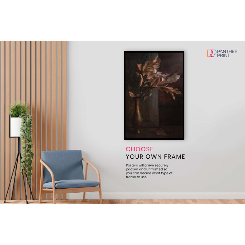Dried Flower Bouquet In A Golden Vase - No Frame Print, 31cm H x 20cm W