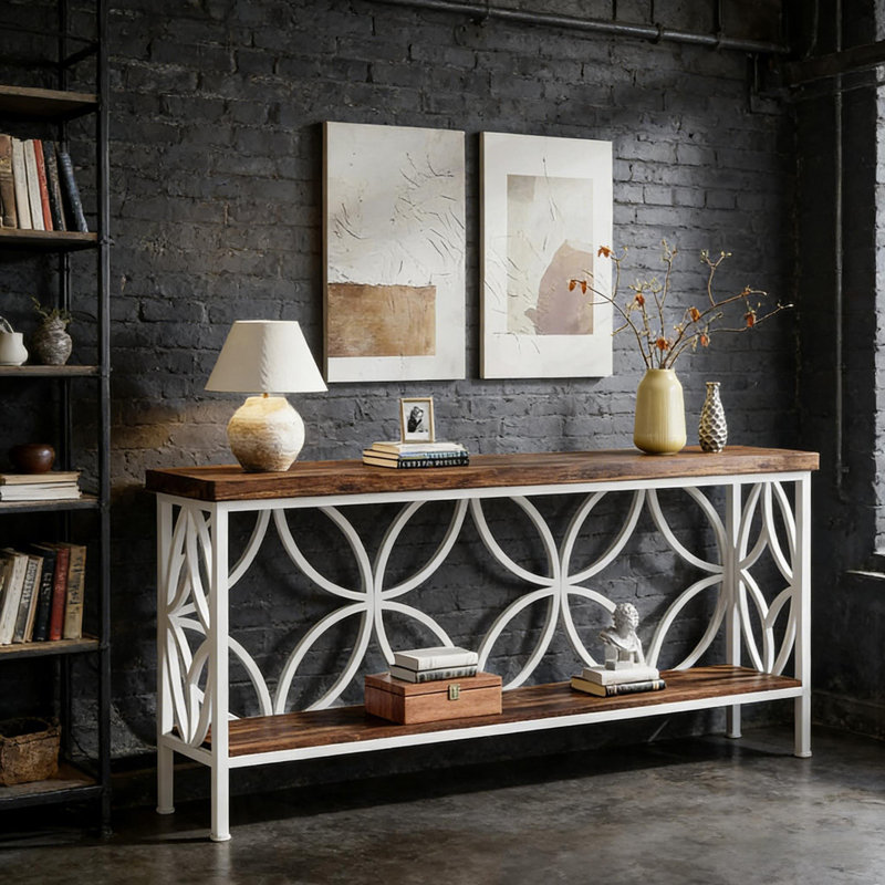 Table basse élégante, canapé de style nordique, console à 2 niveaux, Blanc, Brun