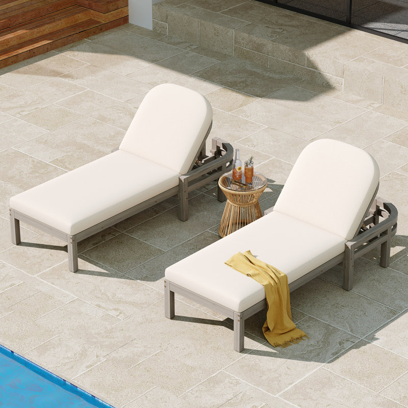 Ensemble de 2 chaises longues d'extérieur, dossier réglable à 5 positions, bois massif, contour arqué, contemporain, bord de piscine
