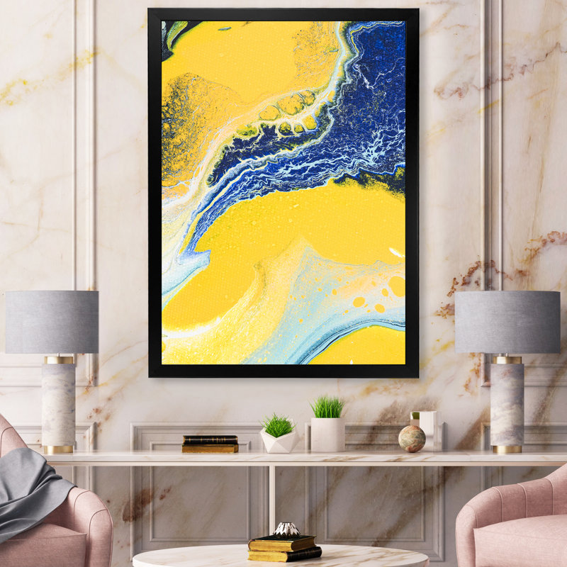 Composition abstraite en jaune et bleu VII - peinture sur toile, Cadre noir, H 32 po x l 16 po x P 1 po