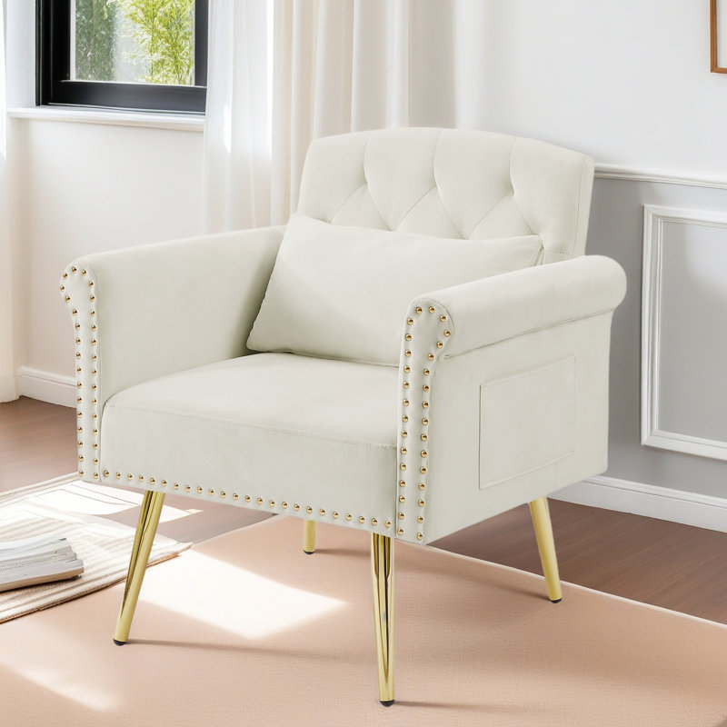 Fauteuil en velours avec pieds en métal, Velours blanc cassé
