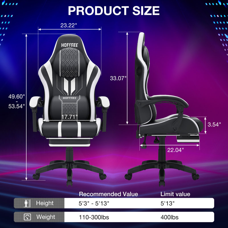  Ergonomic Gaming Chair with Speakers RGB LED Lights and Massage, White