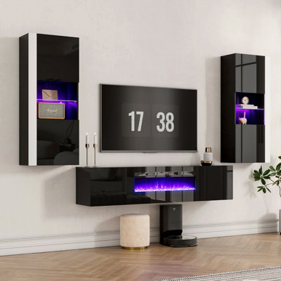 Bhhatu Floating Highgloss Entertainment Center with Electric Fireplace and 2 Bookcases