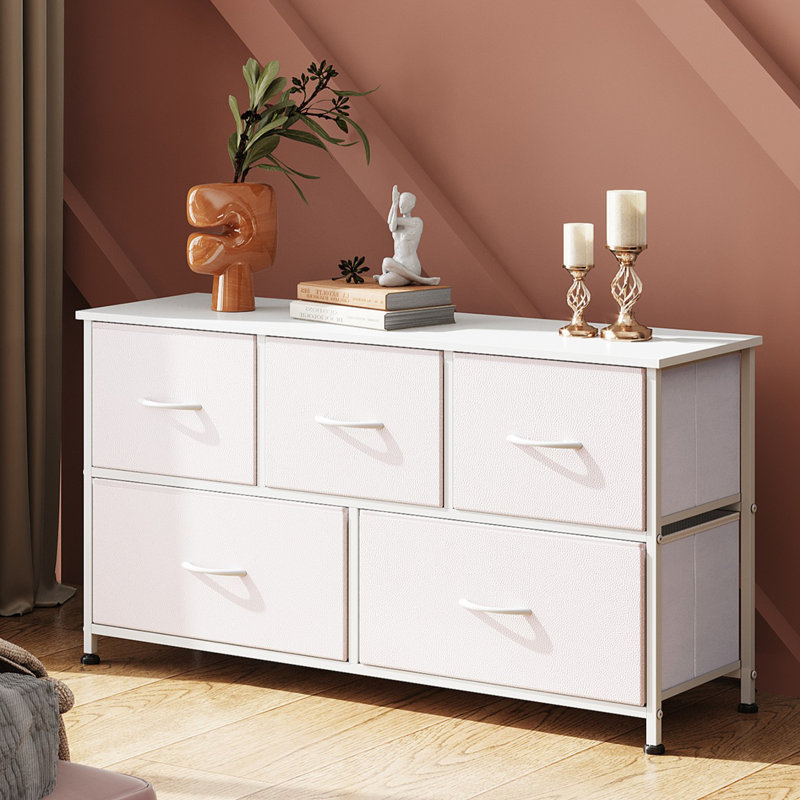 Amanah 39.1'' W 5-Drawer Dresser for Bedroom, White Storage Unit with Sturdy Steel Frame, TV Stand with Wooden, Chest of Drawers for Closet, Living Room