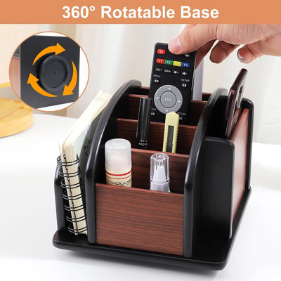 Remote Control Holder Caddy, 360° Rotating Coffee Table Organizer with 6 Compartments, Wood Remote Control Organizer for TV Remotes, Phone, Pens, Glasses, Mail, Living Room, Office