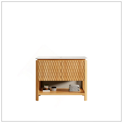 Armoire autoportante de 36 po avec 2 portes et tablette ouverte, plateau en pierre frittée blanc de Carrare, sans lavabo, sans robinet et drain, couleur grain de bois
