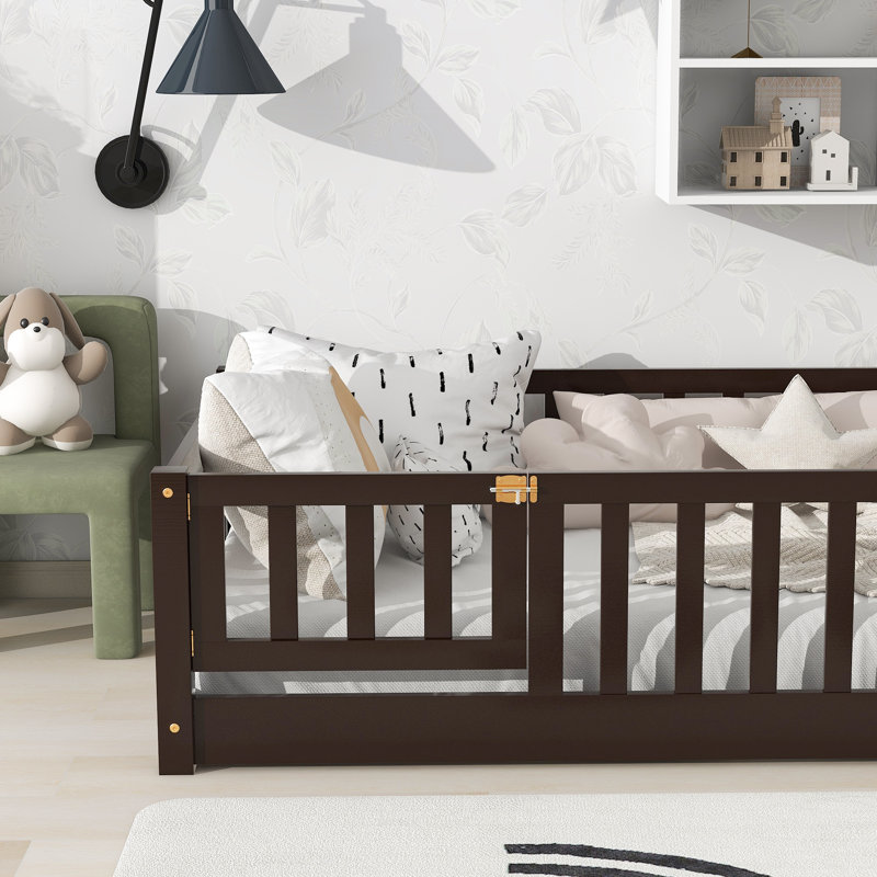 Twin Size Floor Bed With Fence And Door,Rubber Wood Floor Bed With Safety Guardrails,Espresso, Twin, Espresso