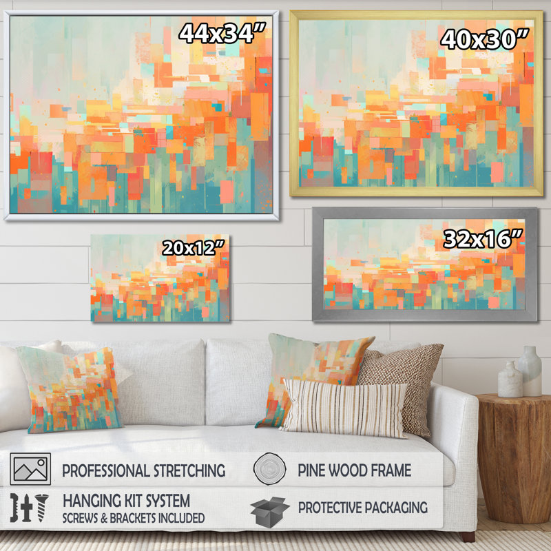 Réalités brisées orange et vertes sur toile, H 16 po x l 32 po x P 1 po, Cadre flottant doré