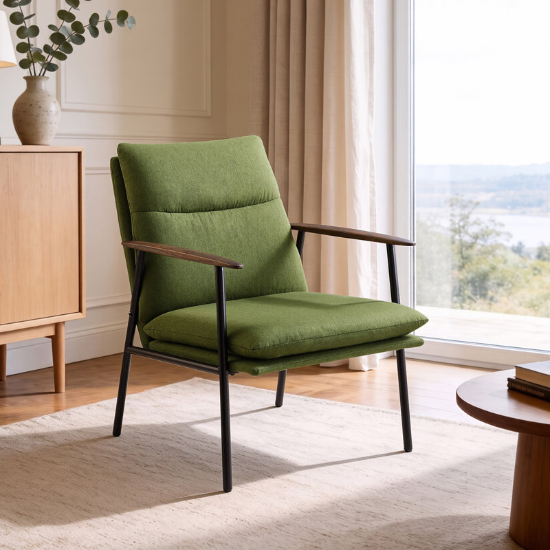 Fabric Upholstered Accent Armchair With Metal Frame And Wooden Armrests, Green