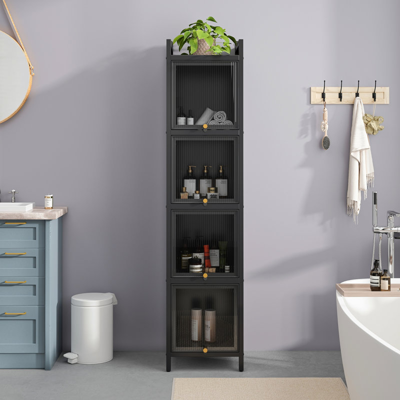 Modern Four-Tier Glass Door Cabinet With Featuring Five-Tier Storage, For Entryway Living Room Bathroom Dining Room,Black
