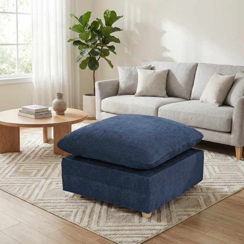 29.13" Wide Chenille Soft-upholstered Square Standard Ottoman, Blue