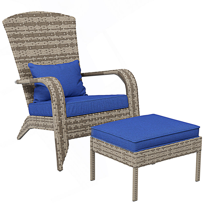 Patio Wicker Adirondack Chair With Ottoman, Outdoor Fire Pit Chair With Cushions, Blue