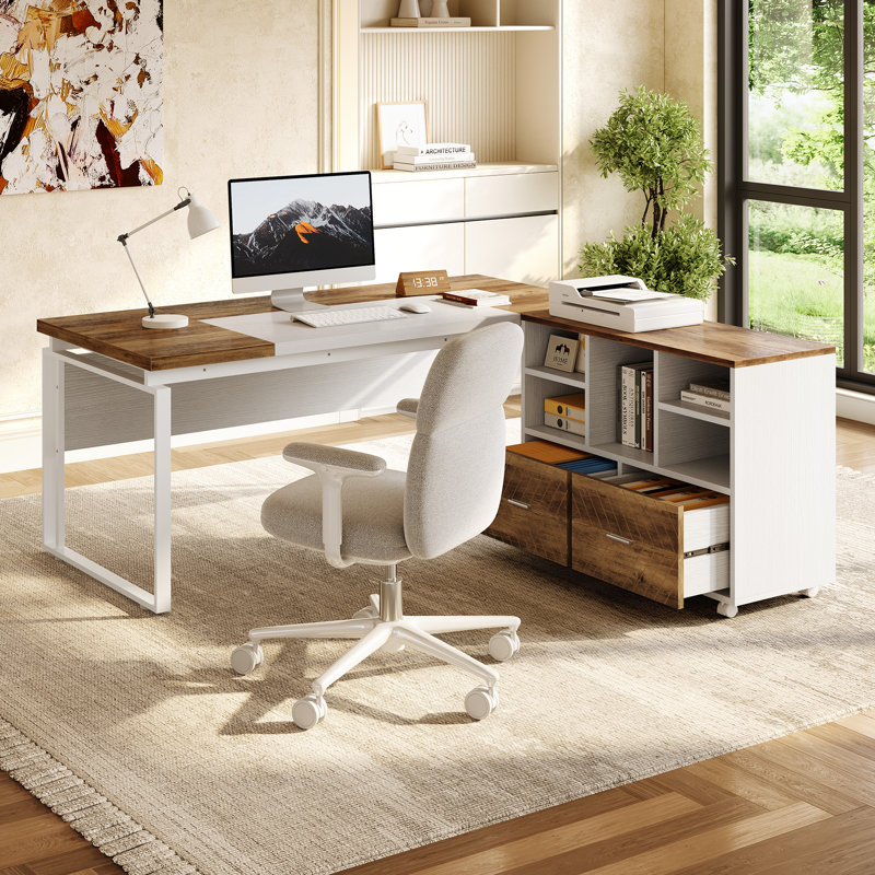 Bureau de direction 2 pièces avec classeur pour bureau personnel, Brun / Blanc
