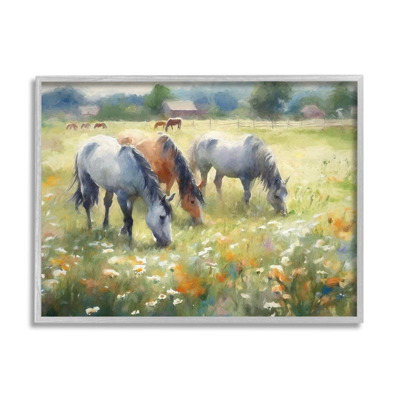 «Grazing Horses in Pasture» par Ramona Murdock, reproduction sur toile encadrée, Cadre flottant gris lustré