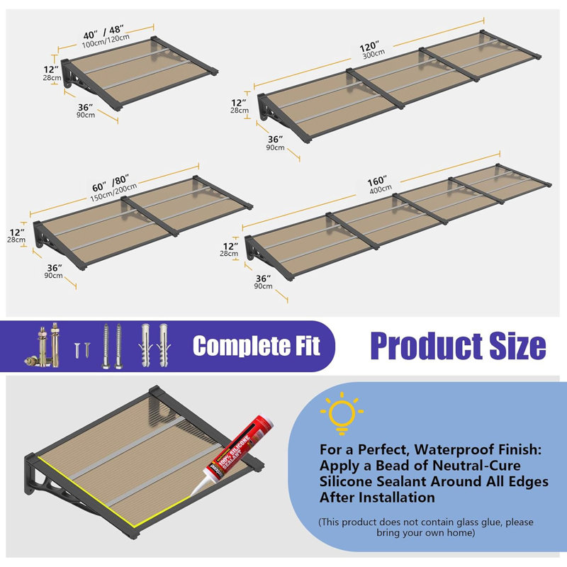 35" Depth Door Awning Window Canopy Modular Spliced Awnings for Outside,Porch,Patio,Deck,Polycarbonate Sheet,UV, Rain, and Snow Protection 60" Width, Brown