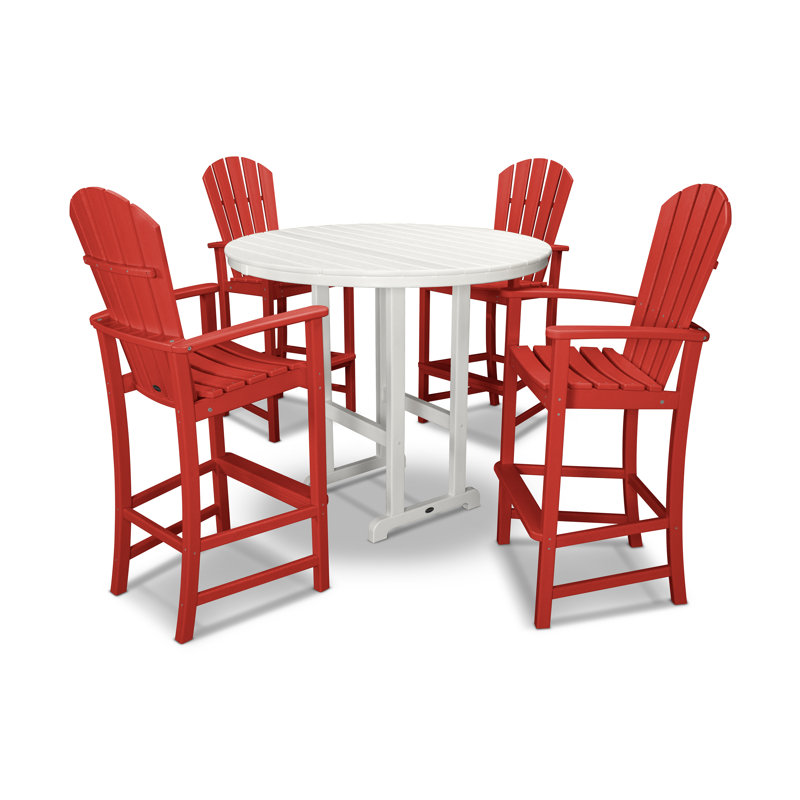 POLYWOOD Palm Coast 5-Piece Round Farmhouse Bar Set, Sunset Red/White