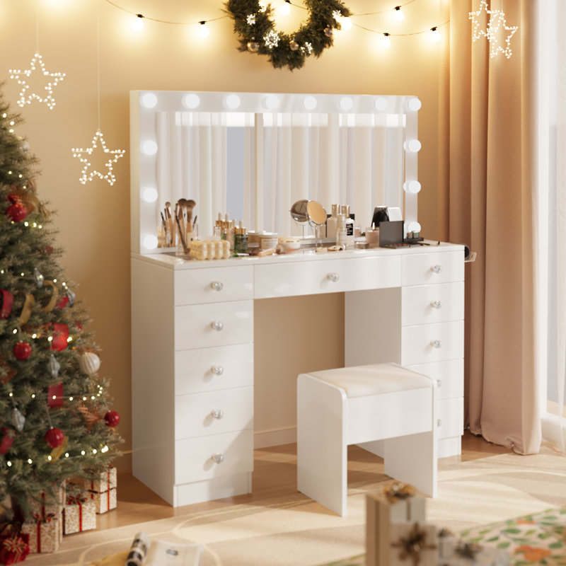 Greyden Vanity Set with Glass Top, Makeup Vanity with Outlets and 11 Drawers