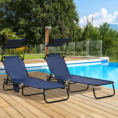 Chaises longues d'extérieur pliantes avec abat-jour, dossier inclinable, structure en acier et poche latérale pour la plage, la cour, le patio et le bleu foncé Outsunny