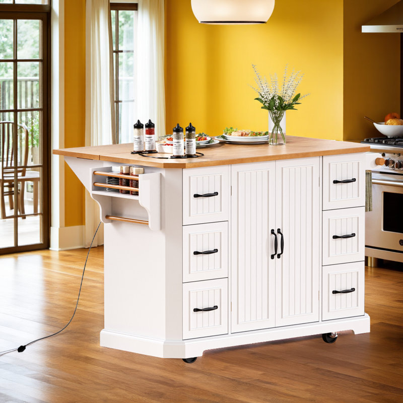 Kitchen Island Cart with Drop Leaf, Power Outlets & Hidden Wheels, White