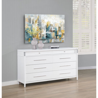 Commode blanche contemporaine à 8 tiroirs, commode de rangement en bois d'hévéa, tiroirs doublés de feutre, système de sécurité anti-basculement