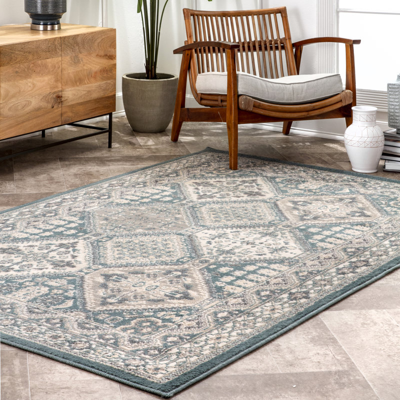 Shawna Tiled Southwestern Performance Blue Area Rug, Rectangle 5' x 8'