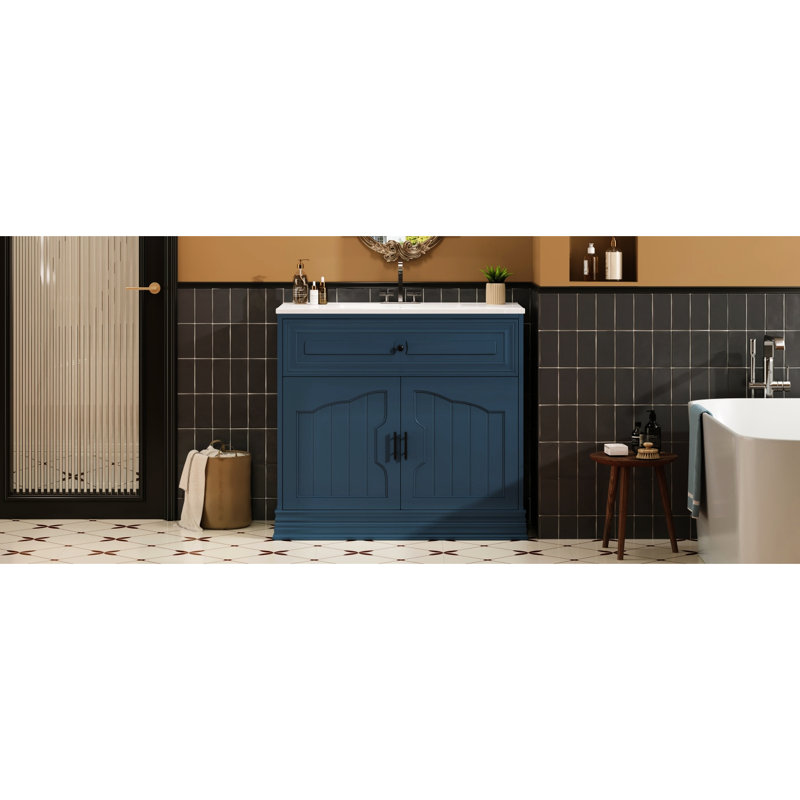 Meuble-lavabo de luxe 36 po avec lavabo rectangulaire en céramique, armoire à deux portes, tablettes réglables à plusieurs trous, mécanisme de fermeture en douceur, finition brillante, idéal pour le rangement