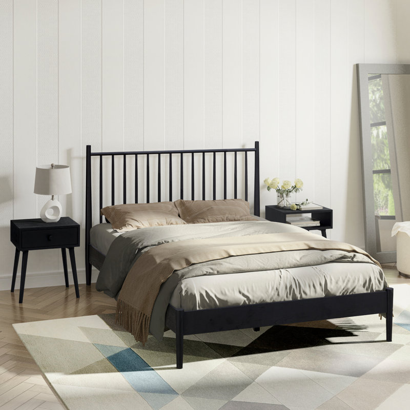 Inno Solid Wood Bed Frame with Spindle Headboard and Silent Slats, 1000 lb Capacity, Queen, Burnt Black