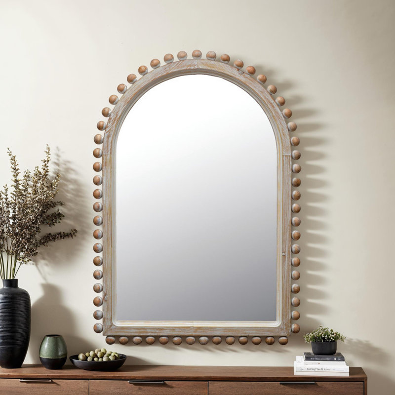 Wood Ball Framed Arched Wall Mirror, 34" x 24", Light Brown