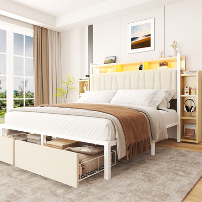 Upholstered King Size Bed Frame With 2 Storage Drawers & 2 Bedside Shelves, Modern Platform Bed With Charging Station & LED Light,Beige