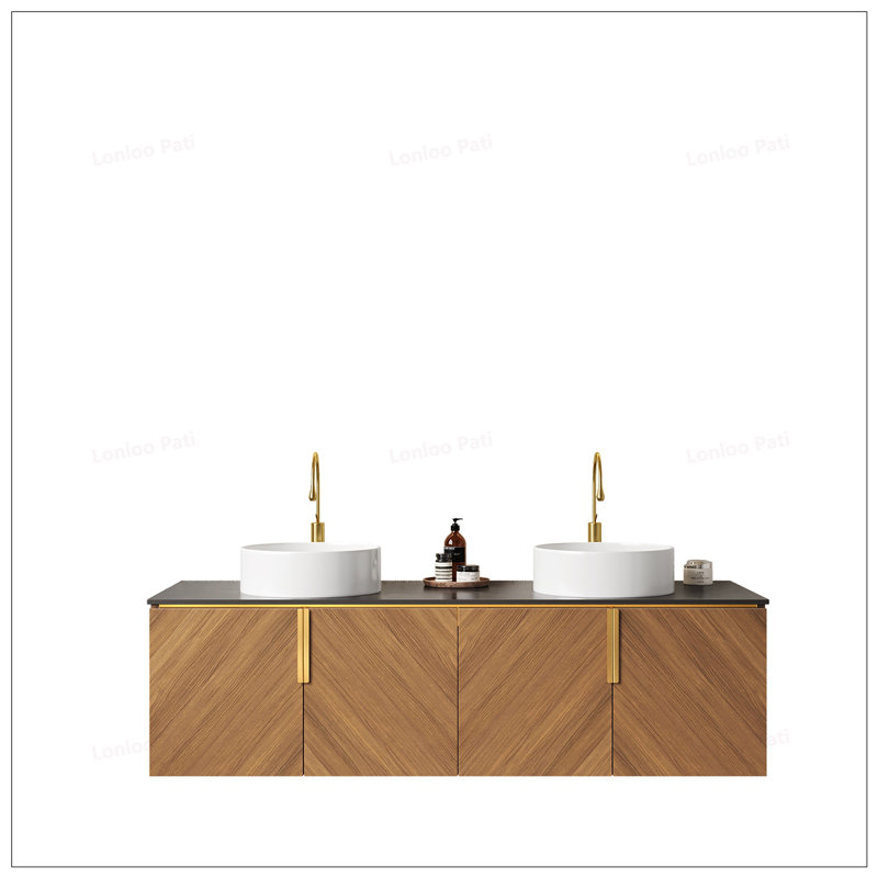 60 inch Floating Bathroom Vanity with 2  Round Ceramic Sinks and Sintered Stone Countertop