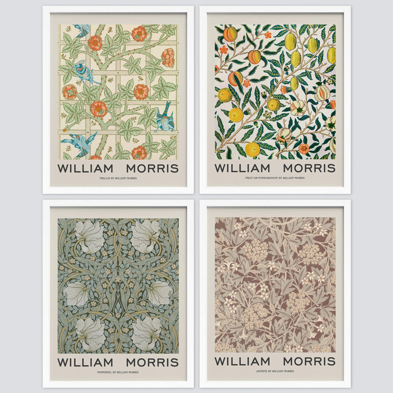 Reproduction de motifs floraux abstraits encadrés sur papier 4 pièces par William Morris, Naturel, H 14 po x l 11 po