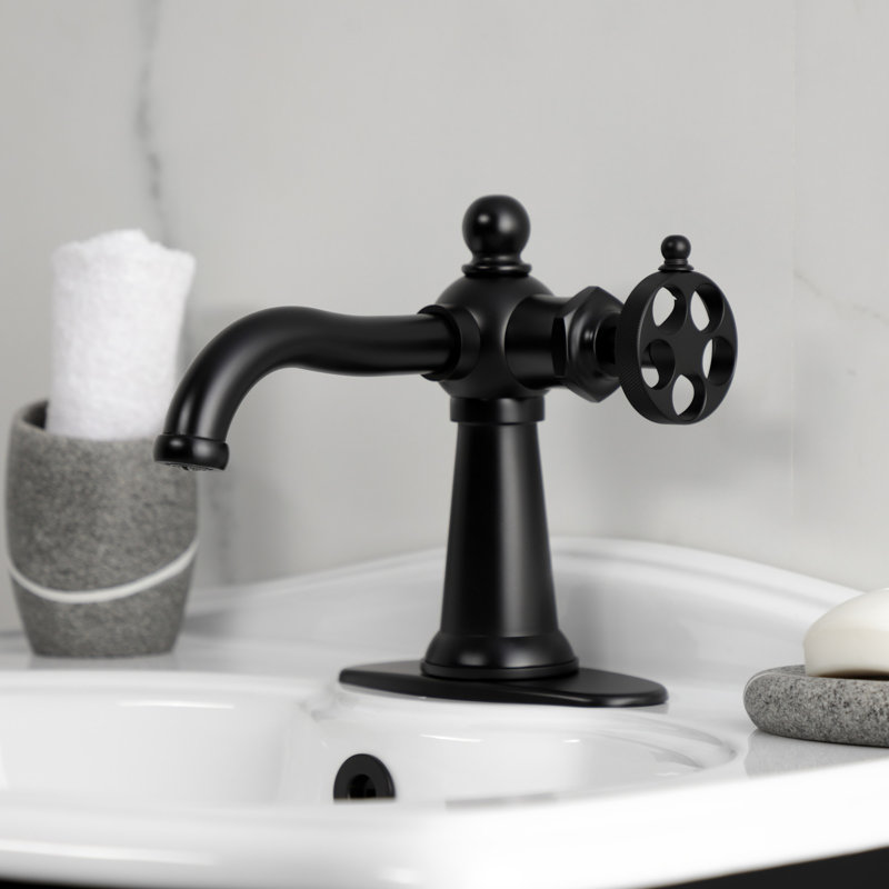 Kingston Brass Wendell Single-Handle 1-Hole Deck Mount Bathroom Faucet with Knurled Handle and Push Pop-Up Drain, Matte Black