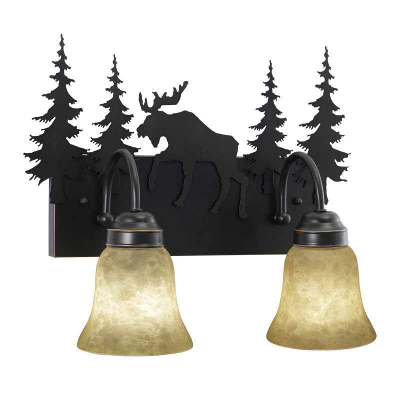 Jensen 2-Light 16.75 inch Wide Burnished Bronze Rustic Cabin Bathroom Vanity Lighting Fixture, Amber Flake Glass Shade, Moose, Trees, Dimmable LED Compatible Over the Mirror Wall Mounted