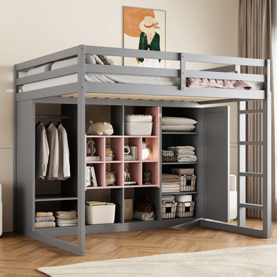 Gray+pink Full Size Wooden Loft Bed, Safe And For Over 6 Years, Ample Storage With Wardrobe Shelves, Reversible Stair Installation, 57.6"w Wide Bed Color, Open Wardrobe, Shelves Closed Cabinet,