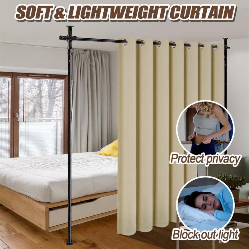 Beige Blackout Room Divider Curtain and Rod Set