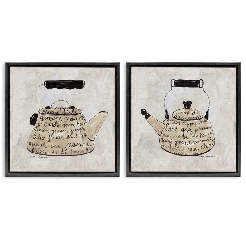 Ensemble de 2 toiles flottantes antiques avec bouilloire, conception par Carol Robinson, H 25 po x l 25 po