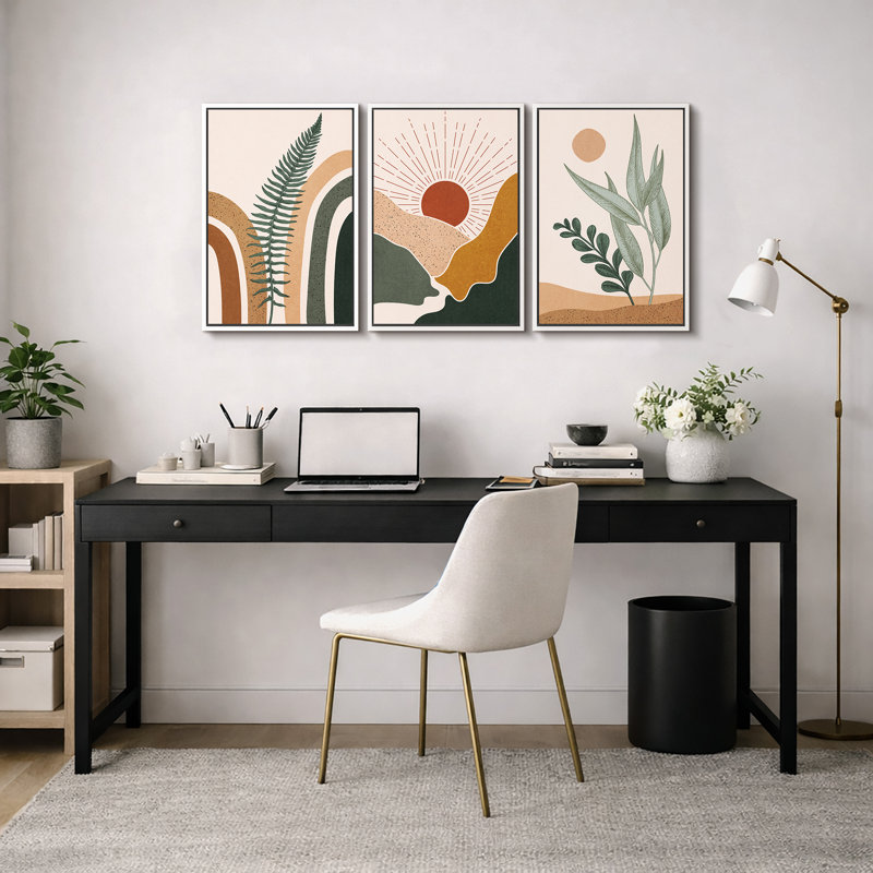 «Mid Century Modern Boho», feuille de fougère abstraite et paysage du désert, H 36 po x l 72 po , Cadre flottant blanc