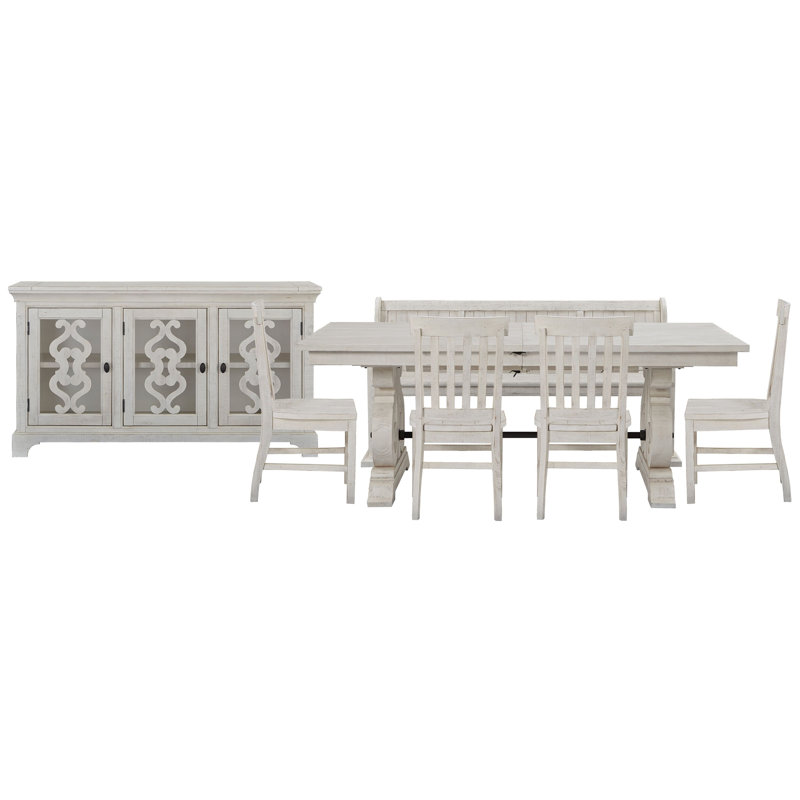 Extendable Rectangular Dining Table With 4 Side Chairs Bench And Server, 7Pcs:Table,Bench,Server,4Chairs