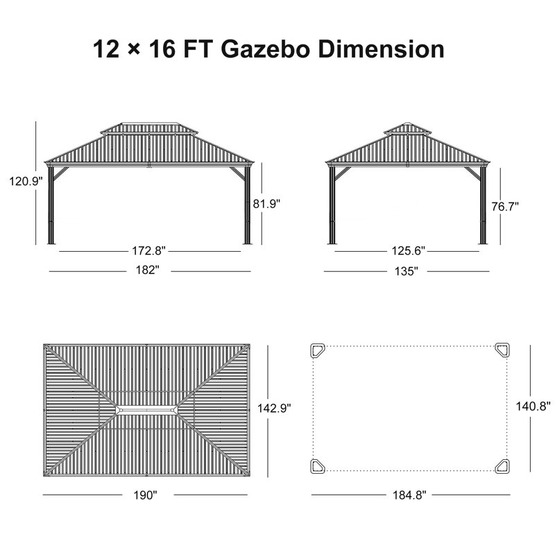 PURPLE LEAF 12' X 16' Permanent Hardtop Gazebo Aluminum Gazebo with Galvanized Steel Double Roof for Patio Lawn and Garden, Curtains and Netting Included, Gray