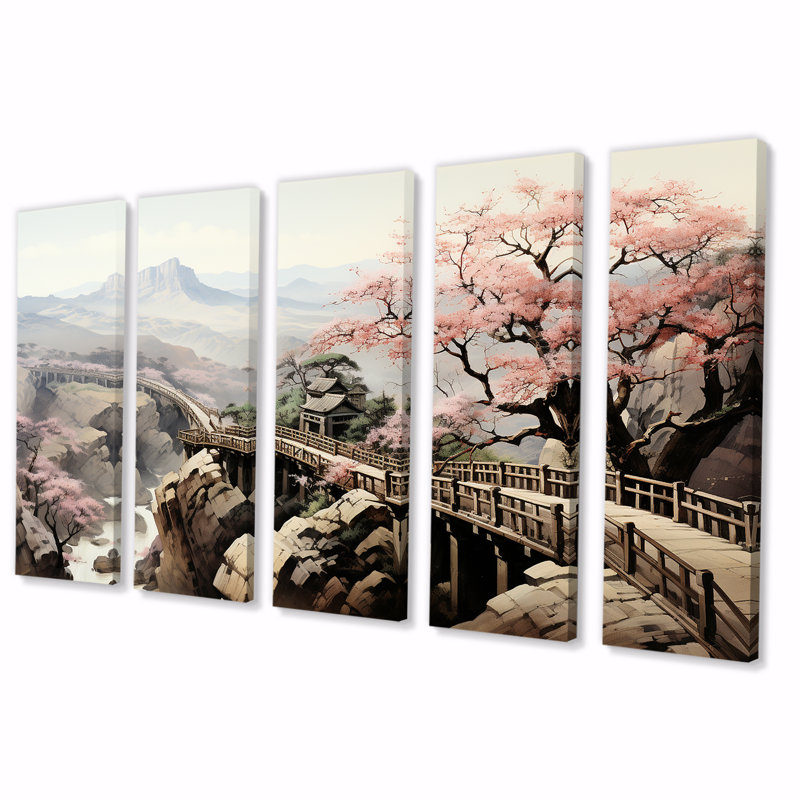 «Pink Floral Japanese Panorama Landscape II - Japon», art mural sur toile 5 pièces, H 32 po x l 80 po